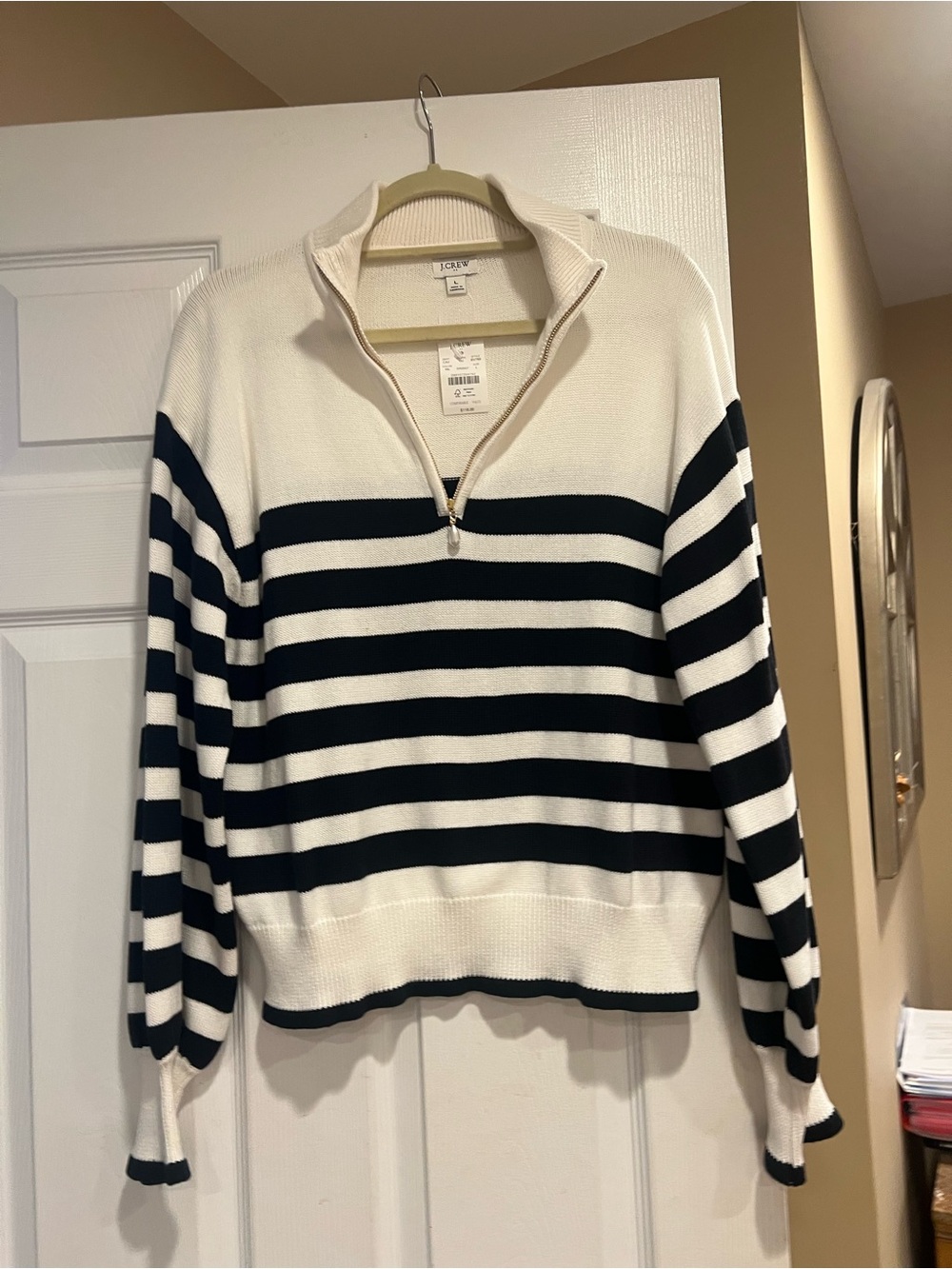 J. Crew  Black and Cream Striped Half-Zip Sweater